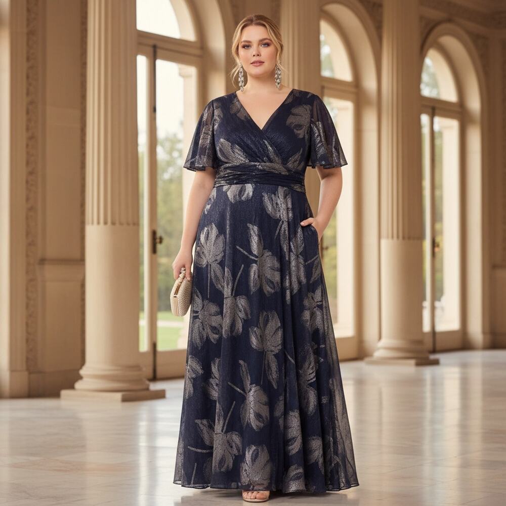 Betsy & Adam 20W Blue Silver Metallic V‑Neck Flutter Sleeve Dress NWT A25417W